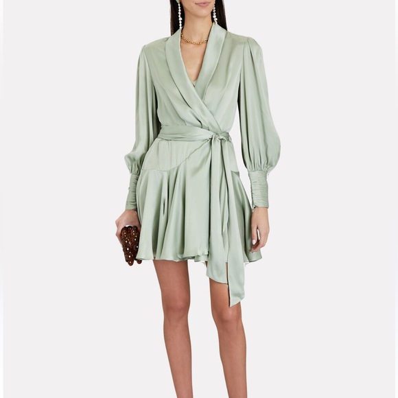 Zimmermann Sage Green Silk Belted Wrap V-Neck Mini dress - Picture 1 of 3